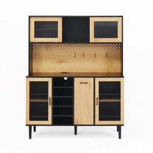 VANIRROR 59" Farmhouse Buffet Sideboard Cabinet with Door, Coffee Bar Cabinet with Bottle Rack, Kitchen Pantry for Living Room, Black &Naturala - 1 of 3