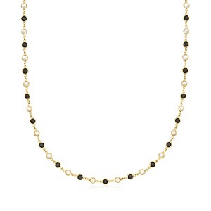 Ross-Simons Bezel-Set Onyx and 3.5-4mm Cultured Pearl Necklace in 18kt Gold Over Sterling - 1 of 2