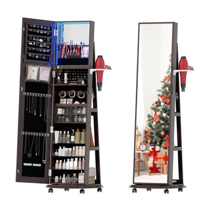Vlsrka 360° Swivel Jewelry Armoire with LED Mirror, Lockable Standing Organizer with Foldable Shelf & Wheels