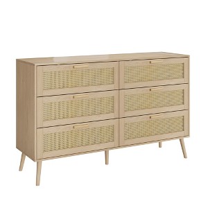 Rattan 6-Drawer Dresser Chest Wide Storage Cabinet with Wood Handles for Bedroom Living Room Hallway - 1 of 4