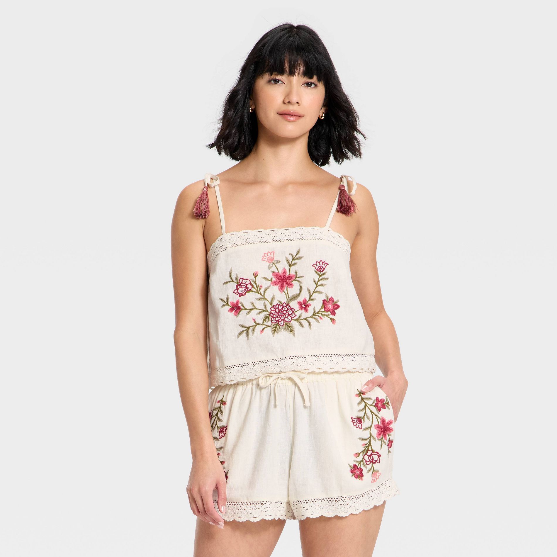 Women's Linen Tank Top - Universal Thread™ Cream Embroidered