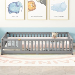 CAVINAS Twin/Full/Queen Size Bed Floor Bed with Safety Guardrails and Door,Montessori Floor Bed Frame for Kids,Toddlers,Wood Slats Support - 1 of 4