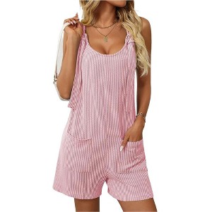 Women's Summer Casual Sleeveless Rompers Scoop Neck Striped Bib Shorts Jumpsuit Beach Overalls Vacation Outfit Clothes - 1 of 4