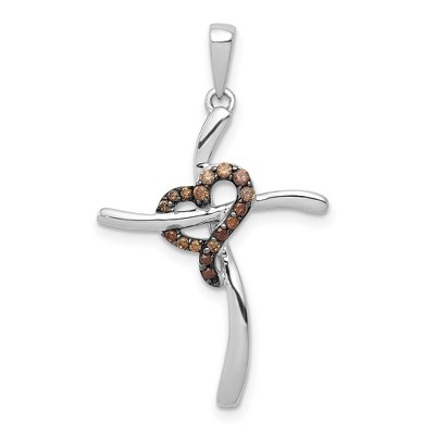 Black Bow Jewelry 14k White Gold 0.1 Ctw Champagne Diamond Heart Cross Pendant, 19x32mm