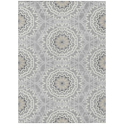 Gray Silver And Ivory Floral Medallion Washable Indoor Outdoor Area Rug