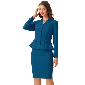 INSPIRE CHIC Women's Long Sleeve Collarless Peplum Blazer and Pencil Skirts Suit Set 2 Pcs - 1 of 4