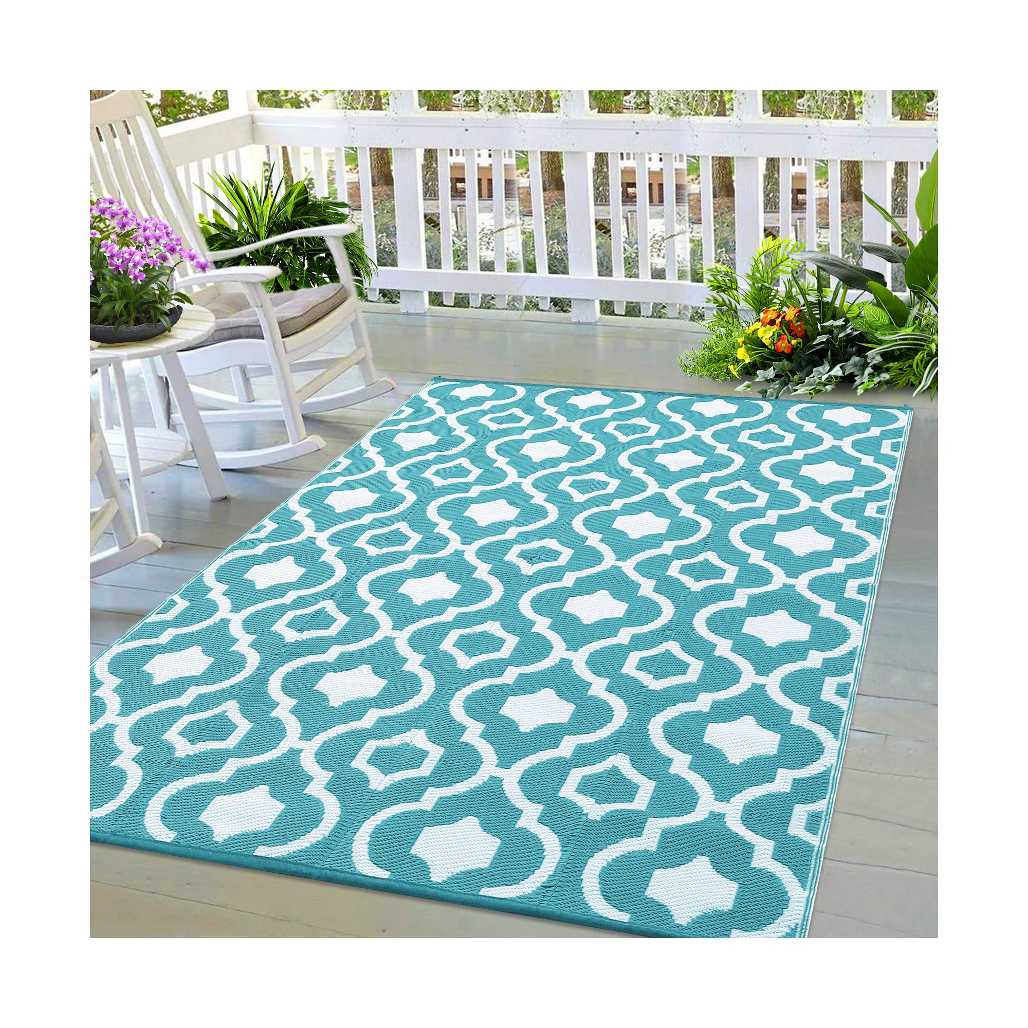 Waterproof Outdoor Rugs 8x10 Reversible Plastic Straw Rug, Portable Patio Rug Carpet for RV Deck Balcony Backyard Picnic Beach Camping, Blue/White