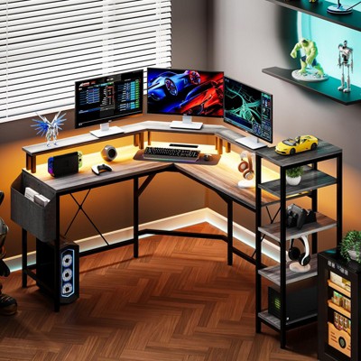 L Shaped Gaming Desk with Power Outlet & Led Lights, L-Shaped Corner Computer Desks Gaming Desk