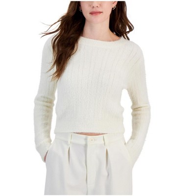 Hippie Rose Womens Shrunken Eyelash Knit Pullover Sweater, White, X-Large