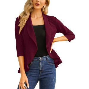 Coolmee Women's Casual Blazers 3/4 Sleeve Open Front Lightweight Cardigan Drape Ruffles Work Office Suit Blazer Jackets - 1 of 4