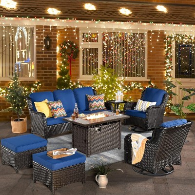 XIZZI Wicker Patio Furniture Set with 3-Seat Sofa, Swivel Rocking Armchairs & Ottomans & Side Table, Modular Sectional Outdoor Conversation Sofa Set