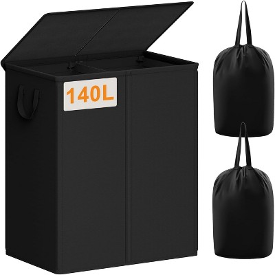 140L Laundry Hamper 2 Section, Double Laundry Basket with Lid, Large Dirty Clothes Hamper with Removable Liner Bags
