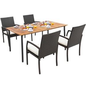 Costway 5PCS Patio  Dining Set Cushion Armchairs Acacia Wood Table with Umbrella Hole - 1 of 4