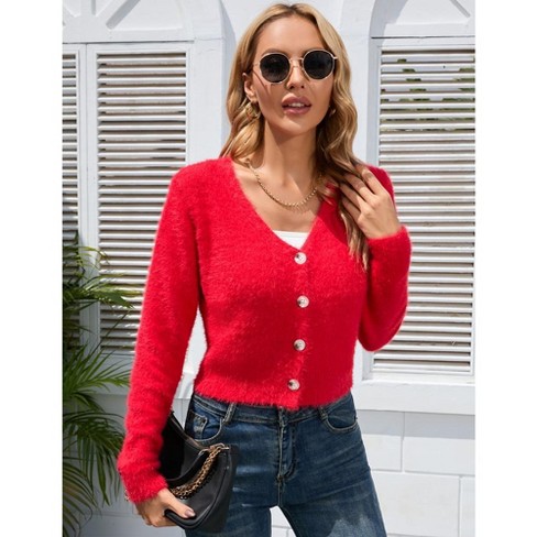 WhizMax Women's Cropped Cardigan V Neck Long Sleeve Soft Knit Rib Bolero  Shrugs Sweater Red 2XL