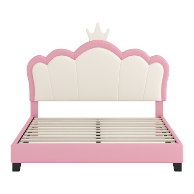 Bellemave Full size Upholstered Princess Bed With Crown Headboard,Full Size Platform Bed with Headboard and Footboard, Cream+Pink