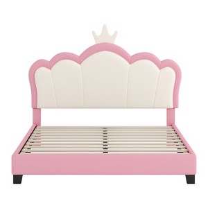Bellemave Full size Upholstered Princess Bed With Crown Headboard,Full Size Platform Bed with Headboard and Footboard, Cream+Pink - 1 of 4