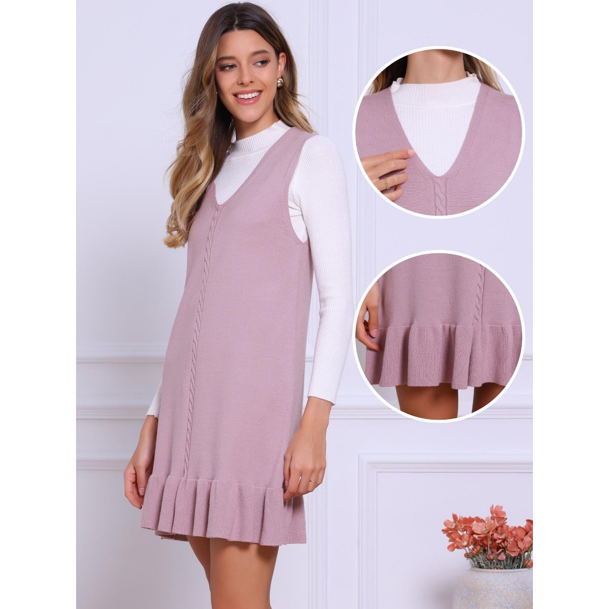 Женские платья INSPIRE CHIC Women's V Neck Ruffle Hem Sleeveless Pullover Knit Sweater Vest Dress X-Large Dusty Pink — фото 2