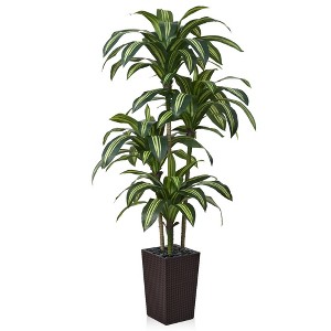 DR.Planzen UV Resistant Artificial 6-7FT Tall Pre Potted Dracaena Tree with White/Brown Tall Square Planter for Indoor Outdoor House Home Decor - 1 of 4