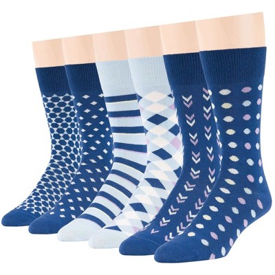 Men Cotton Patterned Dress Sock - 6 Pack - Argyle, Stripe, Dot - Shoe Size 9-12 L - Black, Brown, Navy, Blue | 7BIGSTARS KINGDOM