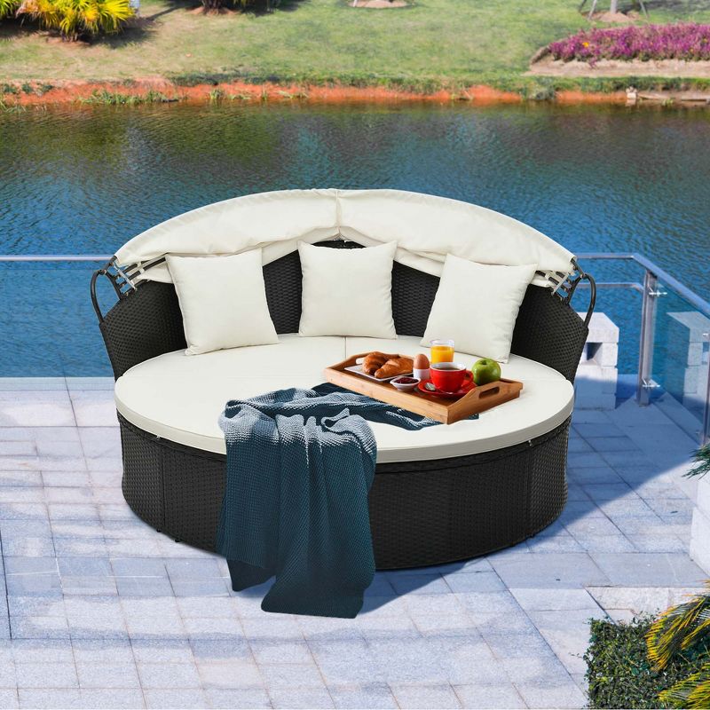 Costway Patio Round Daybed with Retractable Canopy Rattan Sectional Seating Black/White, 5 of 10