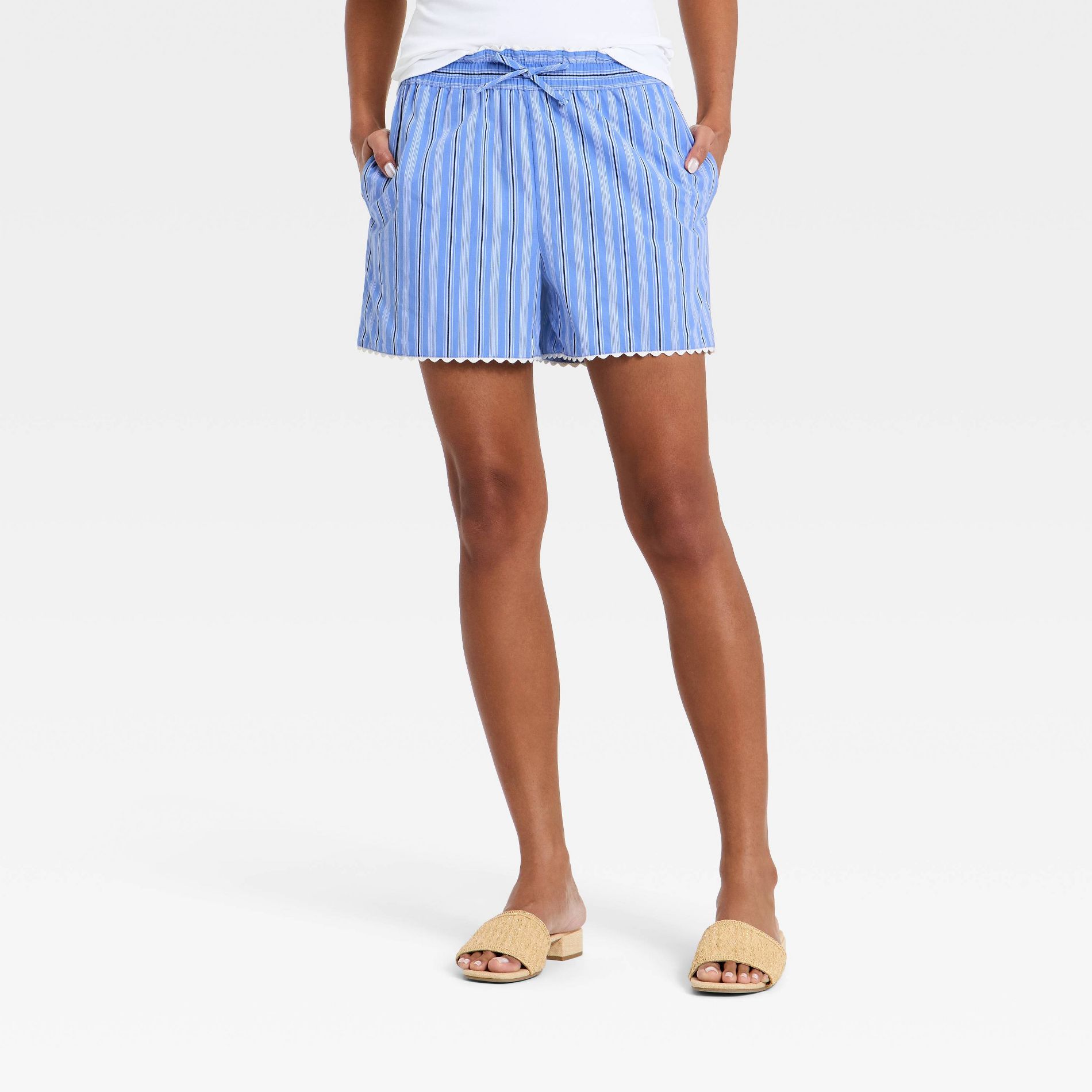 Women's Poplin Pull-On Shorts - A New Day™ Blue Striped