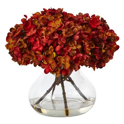 Nearly Natural 8.5-in H Hydrangea Artificial Flower Arrangement with Glass Vase, Rust