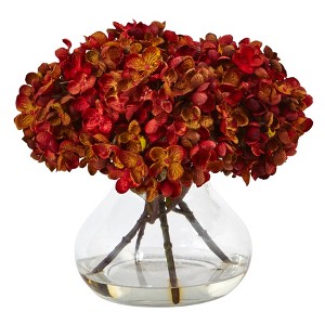 Nearly Natural 8.5-in H Hydrangea Artificial Flower Arrangement with Glass Vase, Rust - 1 of 1