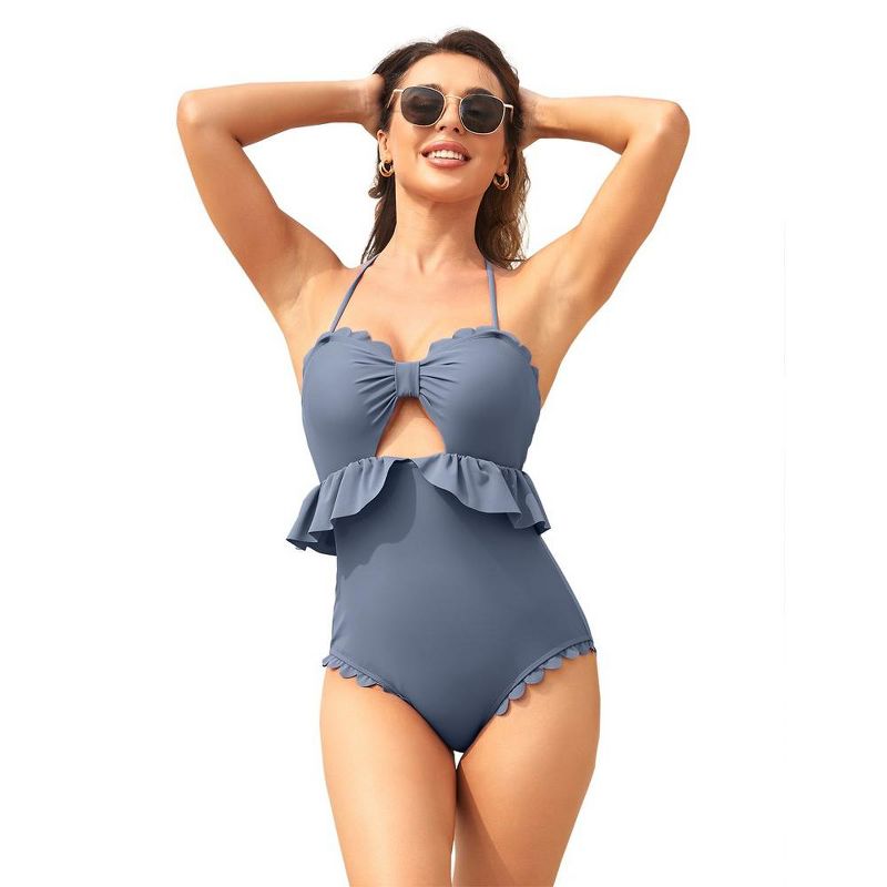 Women Halter One Piece Swimsuits Ruffle Cut Out Tie Knot Front Swimwear Tummy Control Bathing Suits, 2 of 9