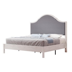 AMERLIFE Wood Bed Frame with Tall Upholstered Curved Headboard, Solid Wood Platform, No Box Spring Needed, Wood Slat Support - 1 of 4