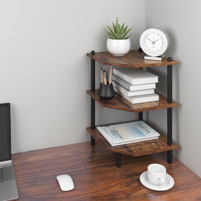KTMBDW Bookshelf, 3 Tier Industrial Bookcase, Metal Small Bookcase, Corner Book Shelf Storage Organizer for Living Room, Bedroom, Home Office, Brown