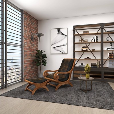 Traditional Dark Brown Leather Accent Chair and Ottoman Set