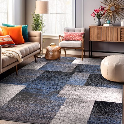 Contemporary Modern Blue Geometric 8' x 10' Synthetic Area Rug