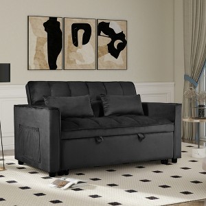57'' Velvet 3-in-1 Pull Out Reclining Sofa Bed with Pillows, Solid Wood Frame, and Built-In Storage - 1 of 4