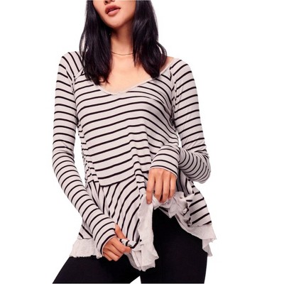 Free People Womens Striped Peplum Blouse, Brown, Small