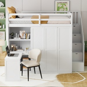 TiramisuBest Full Size Loft Bed with Wardrobe,Desk and Shelves,White - 1 of 4
