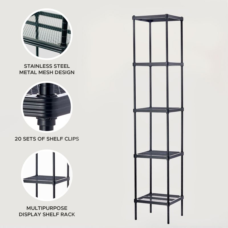 Design Ideas MeshWorks 5 Tier Full Size Metal Storage Shelving Unit Tower for Kitchen, Office, or Garage Organization, 13.8” x 13.8” x 70.9”, Black, 4 of 7