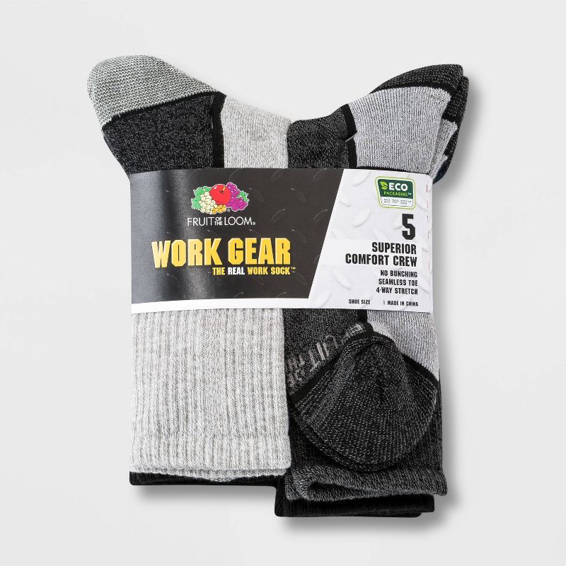 Fruit of the Loom Men&#39;s 5pk Work Gear Superior Comfort Crew Socks - Gray 6-12, 3 of 6