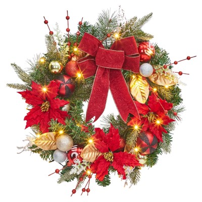 24 in Christmas Wreath for Front Door, Battery Operated Christmas Wreaths with 20 LED Lights Timer Balls Red Flowers & Bow for Indoor Outdoor
