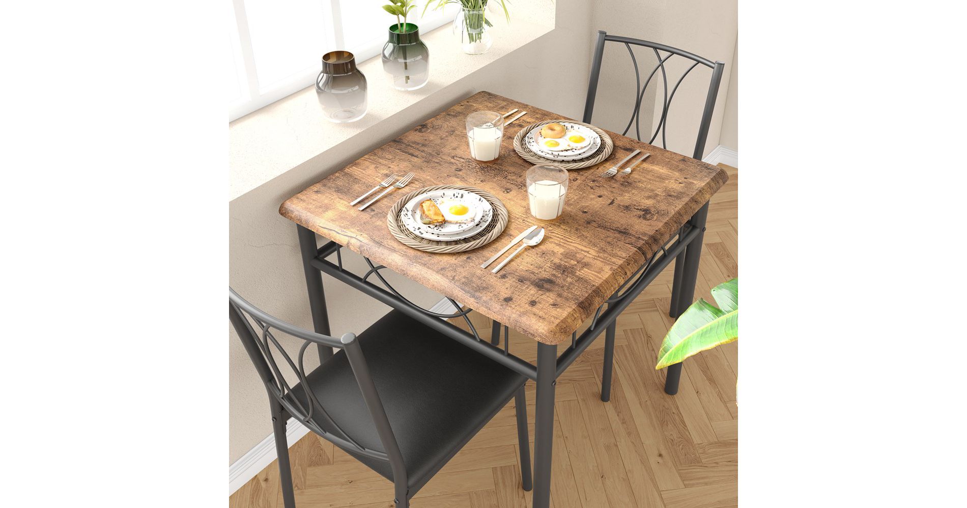 Dining Table Set for 2, Kitchen Table and Chairs, Square Dining Room Table Set with 2 Upholstered Chairs for Small Space, Apartment, Rustic Brown
