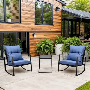 FIONECA 3-Piece Patio Bistro Set ¨C Rocking Chairs with Blue Cushions & Glass Top Table - 1 of 4