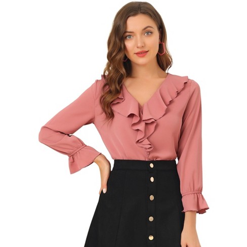 Inspire Chic Women s Office Work Ruffle V Neck Long Sleeve Chiffon Peasant Blouse Dark Pink Medium Target