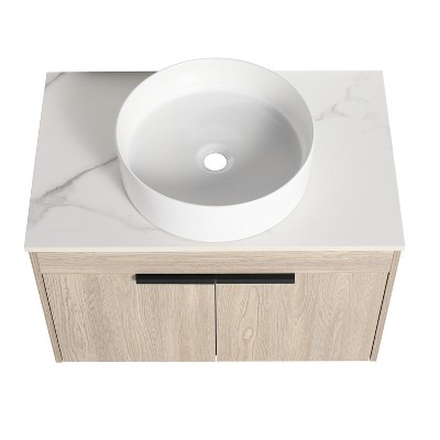 Vynxaria 30 in. Single Floating White Oak Plywood Bath Vanity with White Slate Ceramic Top KD-PACKING Ready to Assemble