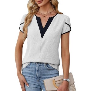 Women's Color Block V-Neck Petal Short Sleeve Blouse, Casual Loose Fit Shirt for Daily & Office Wear - 1 of 4
