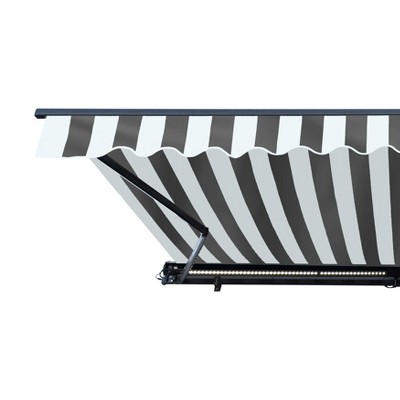 Striped Gray and White Motorized Patio Awning with LED Lights