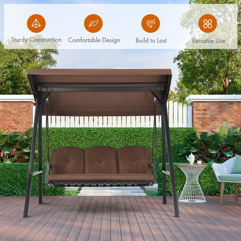 Costway Outdoor 3-Seat Porch Swing with Adjust Canopy and Cushions Gray\Brown, 3 of 11
