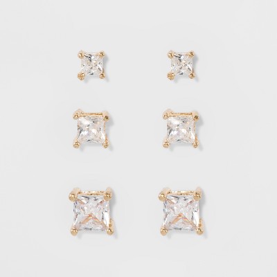 Women's Fashion Trio Crystal Square Stud Earring Set 3pc - A New Day™ Silver/Gold