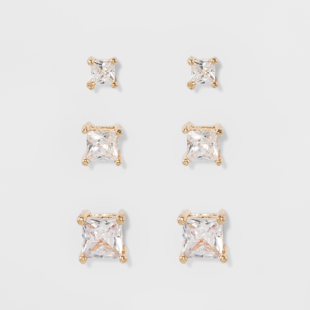 Photos - Earrings Crystal Square Stud Earring Set 3pc - A New Day™ Gold