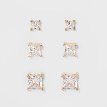 Women's Fashion Trio Crystal Square Stud Earring Set 3pc - A New Day™ Silver/Gold