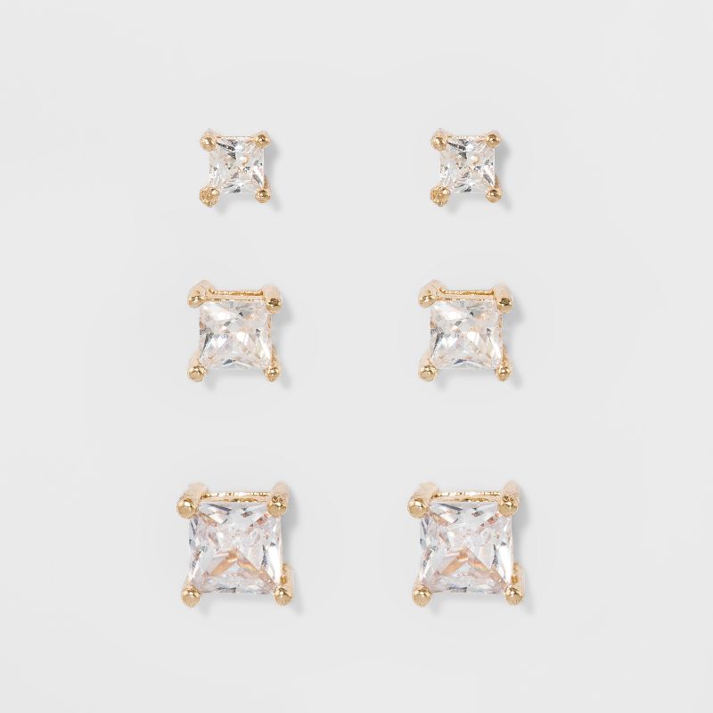 Crystal Square Stud Earring Set 3pc - A New Day&#8482;, 1 of 3