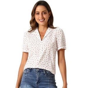 Allegra K Women's Short Sleeve Casual V Neck Print Notch Lapel Collar Summer Blouses - 1 of 4